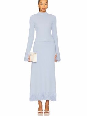 Light Blue Fringe Hem Maxi Skirt